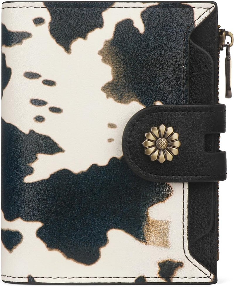 Blucoay Wallet Women,RFID Blocking Leather Womens Wallet Bifold Compact Card Holder Small Wallet for Women with Removable ID Window cowprint black - Image 1